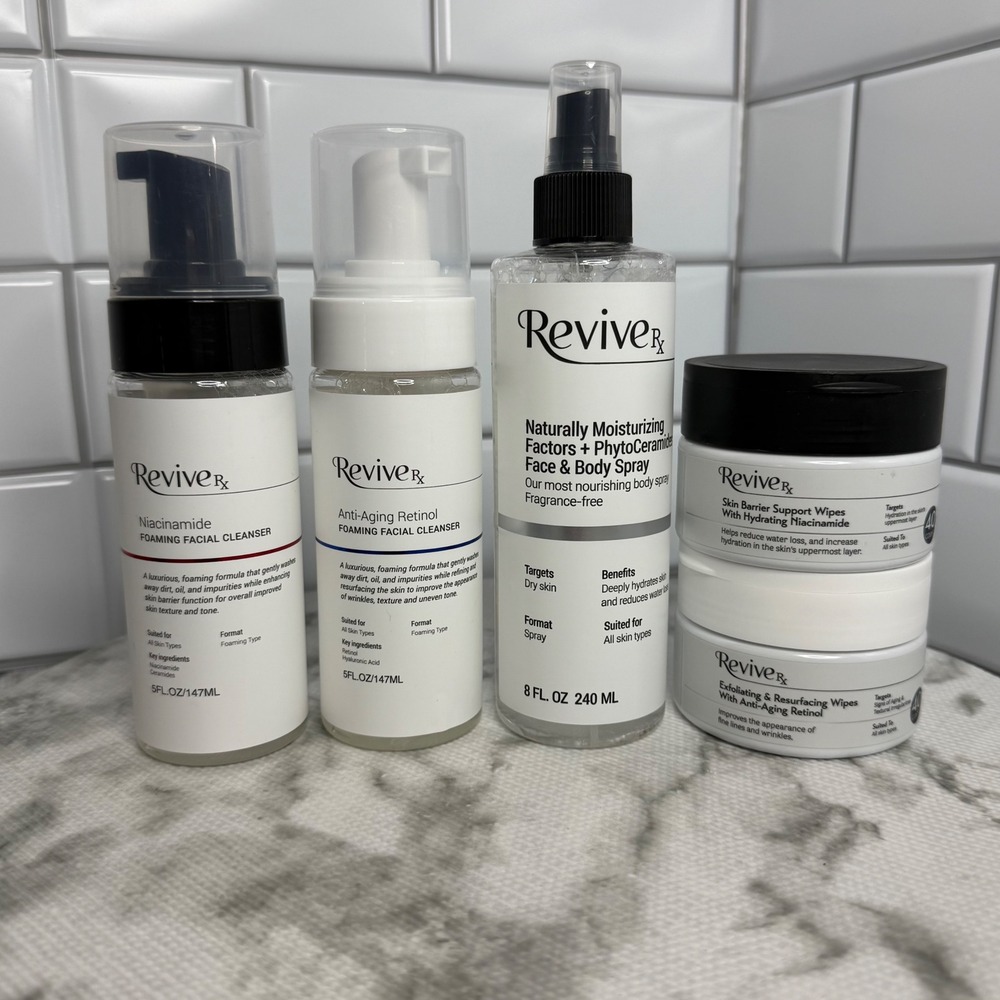 Revive Rx Skincare Set Retinol Niacinamide Cleanser Face Body Spray Wipes 5pc
